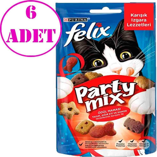 Party Mix Tavuk Sığır Eti ve Somonlu Kedi Ödül Maması 60 Gr 6 AD