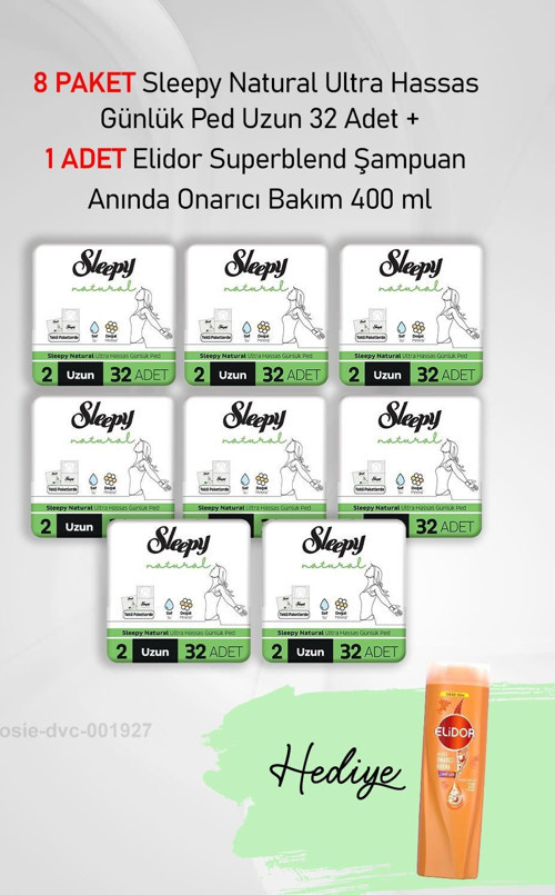 Natural Ultra Hassas Günlük Ped Uzun 32 Adet X 8 ve Hediye Elidor 400 ml