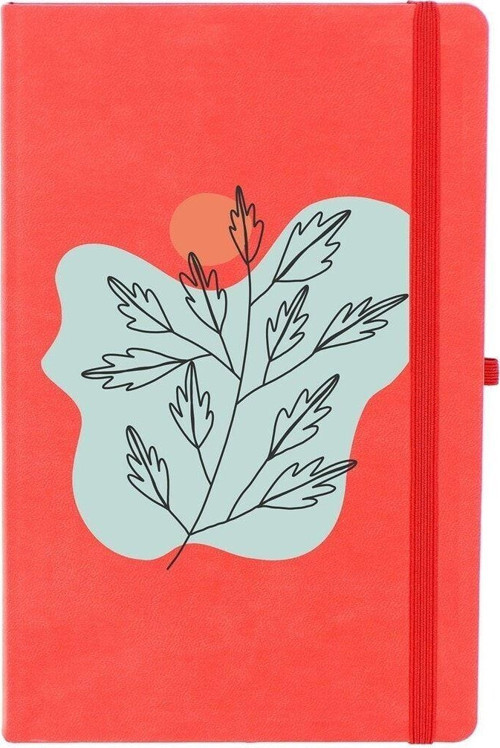 Soyut Çizim Çiçek Desenli Çizgili 13X21 Termo Deri Lastikli Kırmızı Tarihli Çizgili Defter