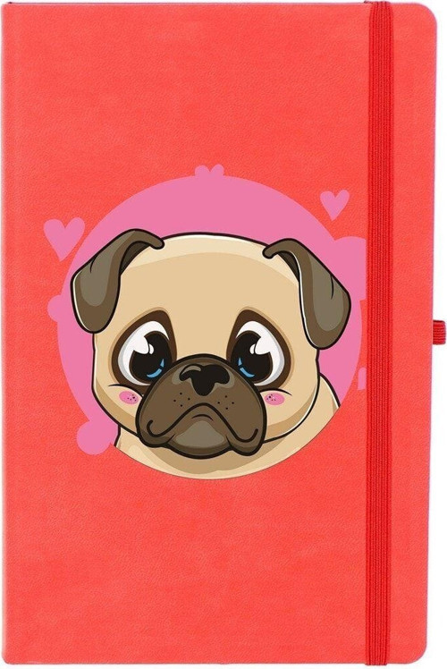 Pug Köpek Çizgili 13X21 Termo Deri Lastikli Kırmızı Tarihli Çizgili Defter