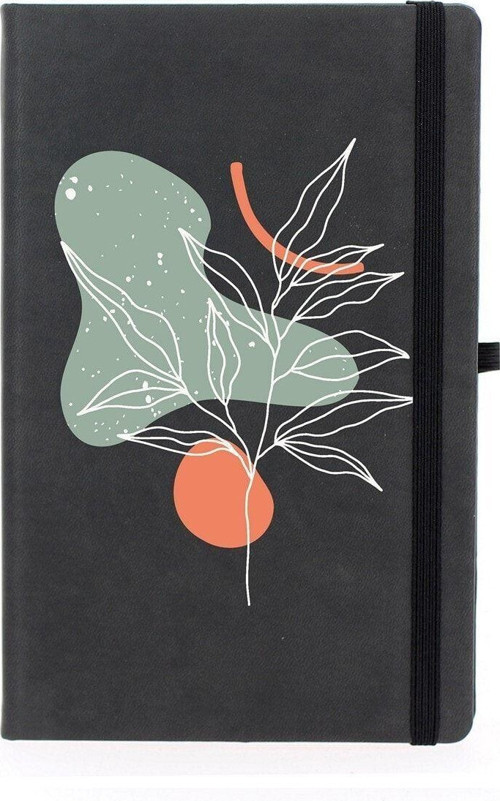 Soyut Çizim Çiçek Desenli Çizgili 13X21 Termo Deri Lastikli Siyah Tarihli Çizgili Defter