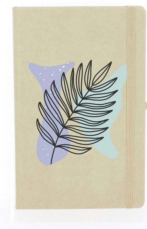 Soyut Çizim Yaprak Desenli Çizgili 13X21 Termo Deri Lastikli Krem Tarihli Çizgili Defter
