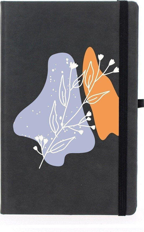 Soyut Çizim Çiçek Desenli Çizgili 13X21 Termo Deri Lastikli Siyah Tarihli Çizgili Defter