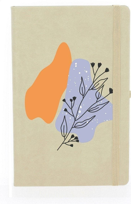 Soyut Çizim Çiçek Desenli Çizgili 13X21 Termo Deri Lastikli Krem Tarihli Çizgili Defter