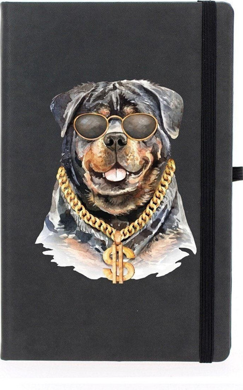 Rottweiler Köpek Çizgili 13X21 Termo Deri Lastikli Siyah Tarihli Çizgili Defter
