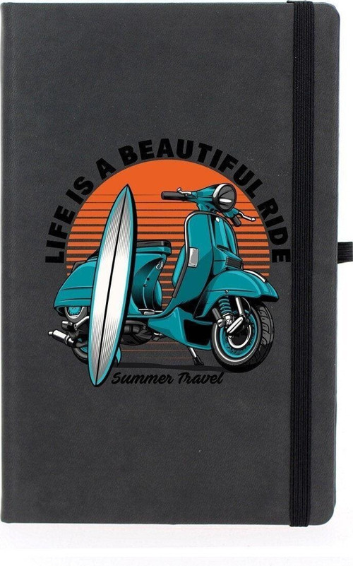 Retro Motor Çizgili 13X21 Termo Deri Lastikli Siyah Tarihli Çizgili Defter