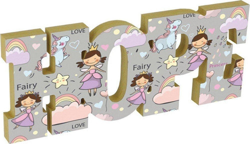 Hope Umut Yazılı Peri Ve Unicorn Desenli Dekoratif Baskılı Ahşap Obje