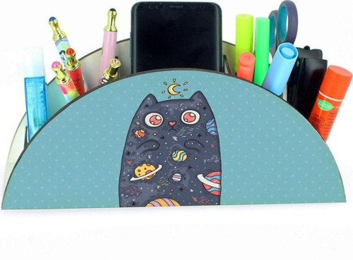 Gezegen Desenli Kedi Ahşap Masaüstü Kalemlik Kalem Kutusu Organizer