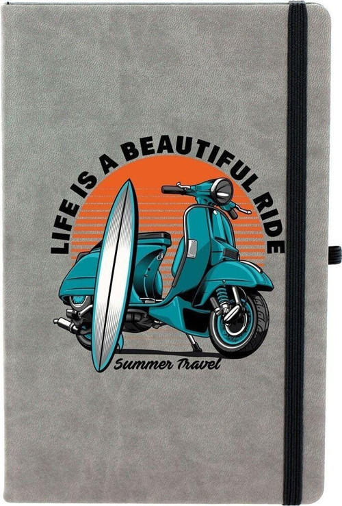 Retro Motor Çizgili 13X21 Termo Deri Lastikli Gri Tarihli Çizgili Defter