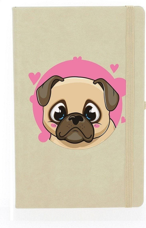 Pug Köpek Çizgili 13X21 Termo Deri Lastikli Krem Tarihli Çizgili Defter