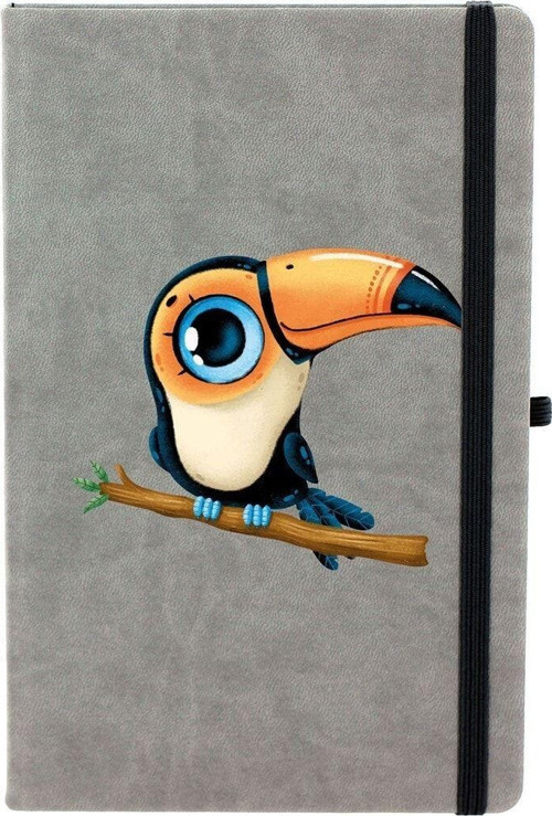 Kawaii Yavru Tukan Kuşu Çizgili 13X21 Termo Deri Lastikli Gri Tarihli Çizgili Defter