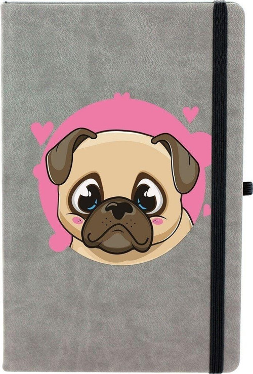 Pug Köpek Çizgili 13X21 Termo Deri Lastikli Gri Tarihli Çizgili Defter