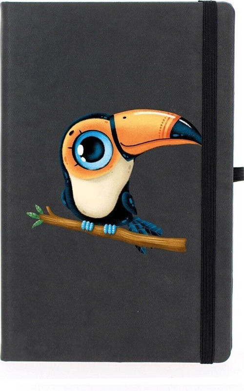 Kawaii Yavru Tukan Kuşu Çizgili 13X21 Termo Deri Lastikli Siyah Tarihli Çizgili Defter