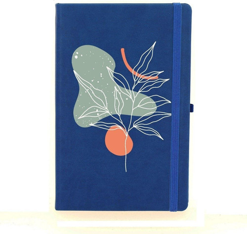 Soyut Çizim Çiçek Desenli Çizgili 13X21 Termo Deri Lastikli Lacivert Tarihli Çizgili Defter