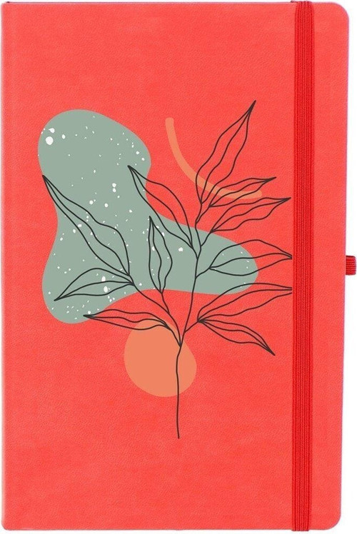 Soyut Çizim Çiçek Desenli Çizgili 13X21 Termo Deri Lastikli Kırmızı Tarihli Çizgili Defter