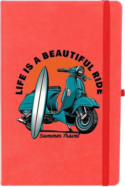 Retro Motor Çizgili 13X21 Termo Deri Lastikli Kırmızı Tarihli Çizgili Defter
