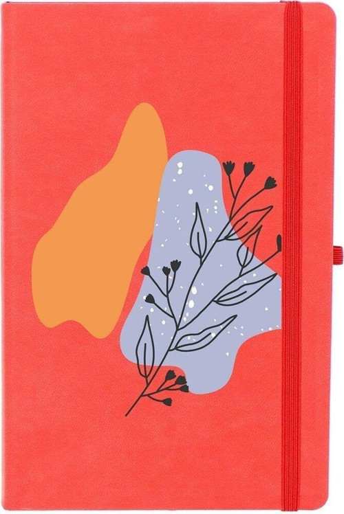Soyut Çizim Çiçek Desenli Çizgili 13X21 Termo Deri Lastikli Kırmızı Tarihli Çizgili Defter