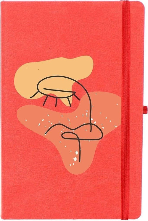 Soyut Çizim Kadın Yüzü Desenli Çizgili 13X21 Termo Deri Lastikli Kırmızı Tarihli Çizgili Defter