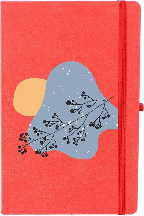 Soyut Çizim Çiçek Desenli Çizgili 13X21 Termo Deri Lastikli Kırmızı Tarihli Çizgili Defter