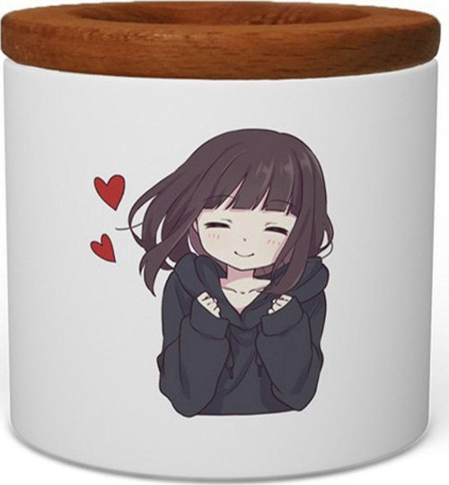 Anime Girl Kalpli Ahşap Kapaklı Seramik Kalemlik