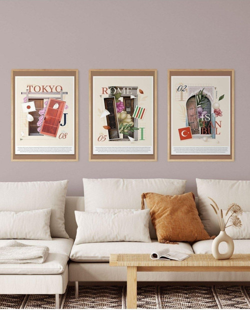 Doğal Ahşap Çerçeveli Tokyo Roma Istanbul Modern Tasarım Tablo