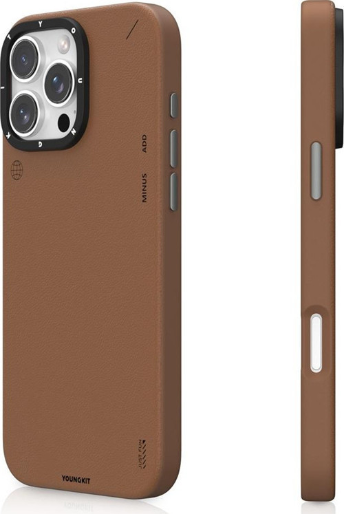 iPhone 15 Pro Max Kılıf Magsafe Uyumlu Basit Mat Deri Desen Youngkit Tech Fashion Serisi Kahverengi