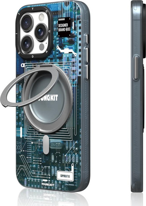 iPhone 15 Pro Uyumlu Kılıf Magsafe Şarj Özellikli Youngkit 360° Standlı Technology Serisi Kapak Mavi
