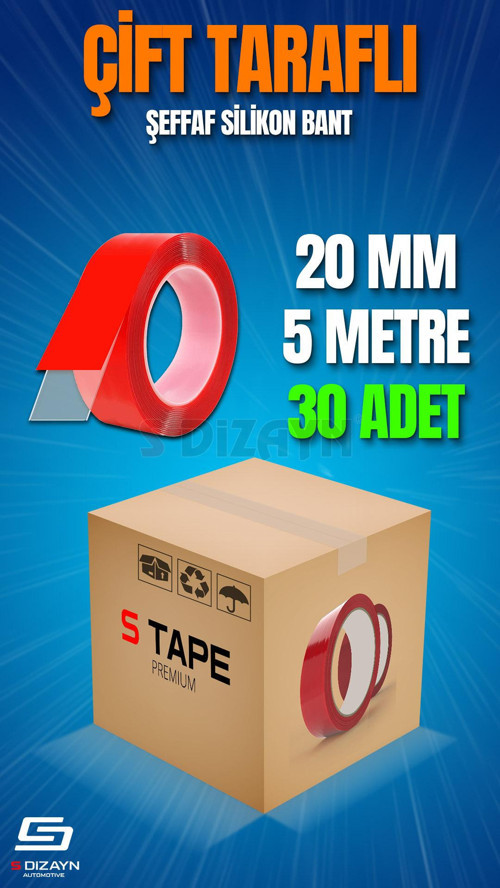 Çift Taraflı Bant 20mm x 5 Metre Şeffaf Silikon VHB Bant 30'lu Koli A+Kalite