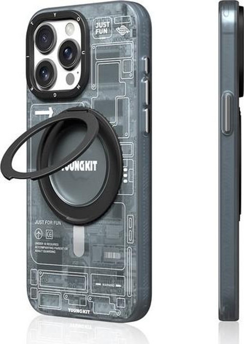 İphone 15 Pro Max Uyumlu Kılıf Magsafe Şarj Özellikli 360° Standlı Technology Serisi Gri