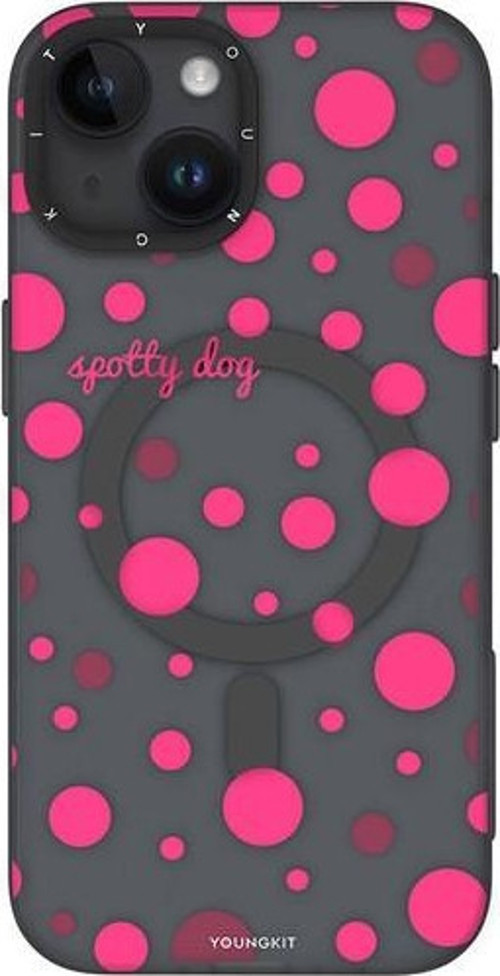 İphone 15 Uyumlu Kılıf Magsafe Şarj Özellikli Polka Dot Desenli Spots Serisi Kapak Gri