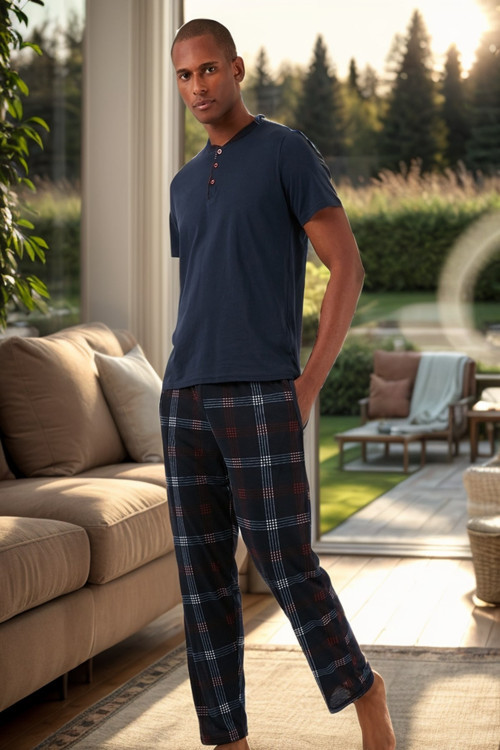 Ekoseli Pamuklu Regular Fit Kısa Kollu Erkek Pijama Takımı 60961007 LACİVERT