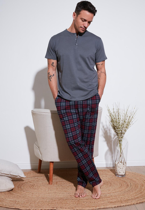 Ekoseli Pamuklu Beli Lastikli Regular Fit Kısa Kollu Erkek Pijama Takımı 6572004 FÜME