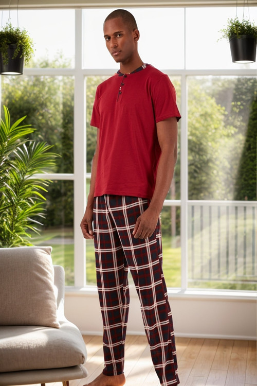 Ekoseli Pamuklu Regular Fit Kısa Kollu Erkek Pijama Takımı 60961007 BORDO