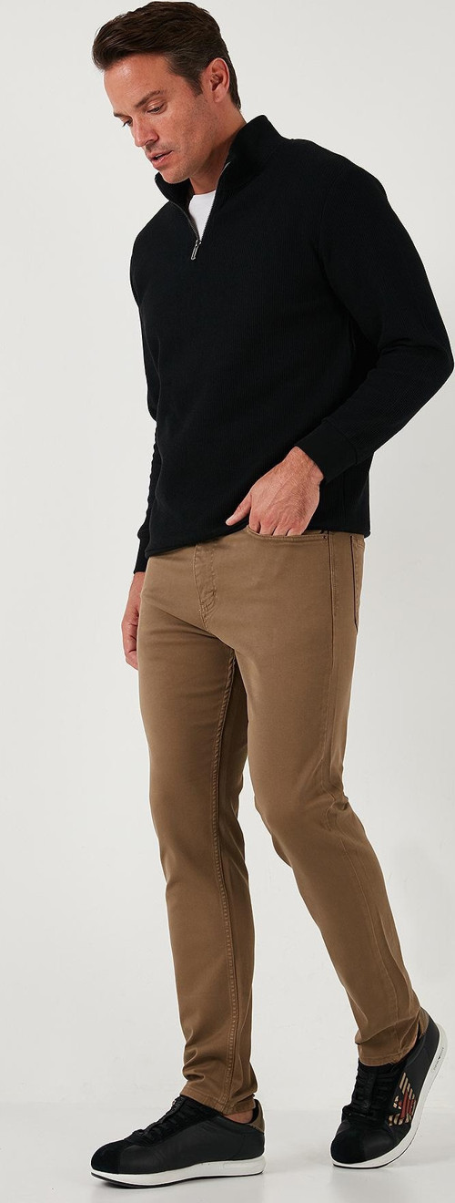 Streç Pamuklu Regular Fit Normal Bel Düz Paça Erkek Pantolon 674002 KOYU BEJ