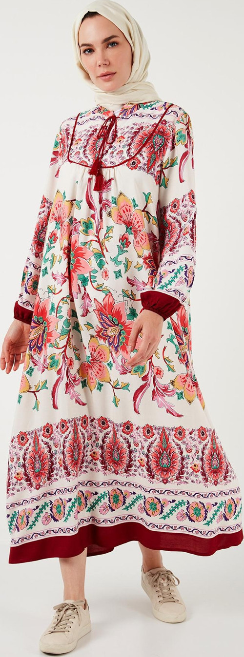 Modest Desenli Regular Fit Bağlamalı V Yaka Maxi Bayan Elbise 611EL510 BORDO