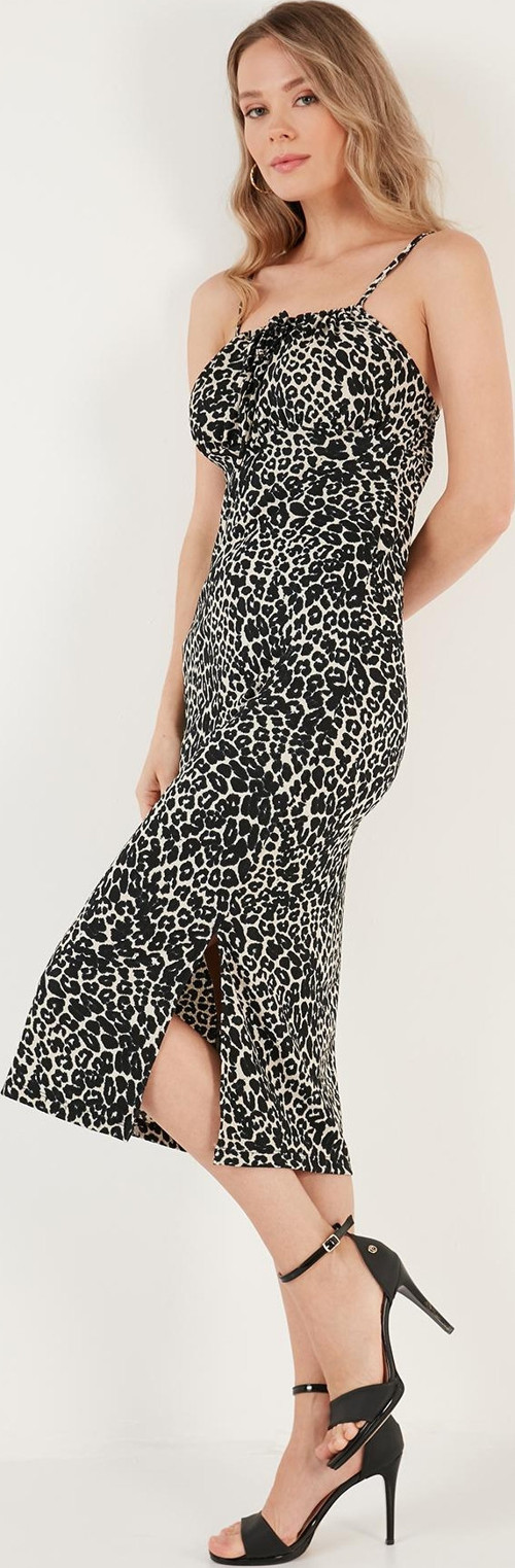 Önü Büzgülü İp Askılı Yırtmaçlı Fitted Midi Bayan Elbise 5865362 LEOPAR