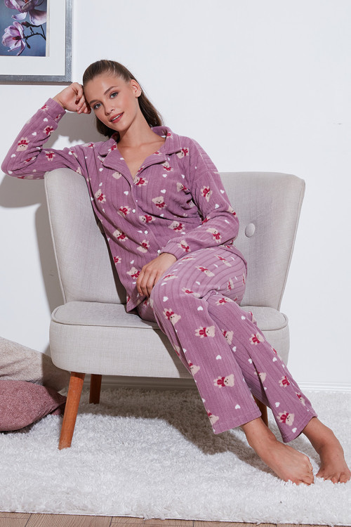 Standart Fit Düğmeli Polarlı Bayan Pijama Takımı 6095615 LİLA