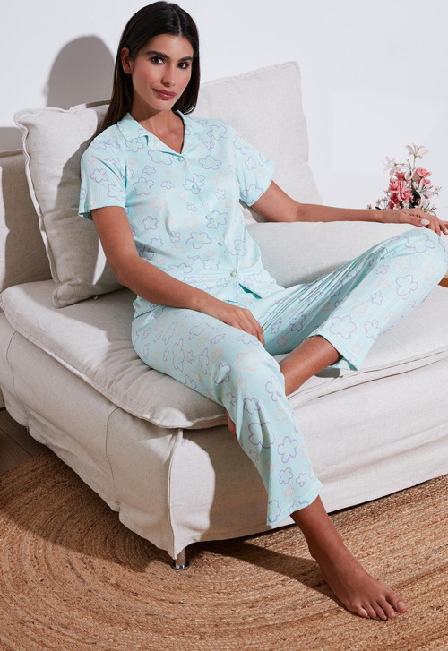 Regular Fit Gömlek Yaka Kısa Kollu Bayan Pijama Takımı 65780124 SU YEŞİLİ
