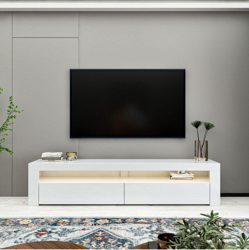 Batı Led Işıklı, 2 Kapaklı Tv Ünitesi, Tv Sehpası Parlak Beyaz
