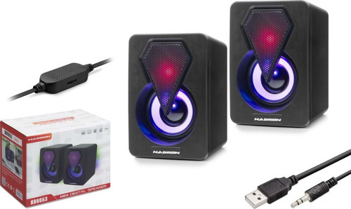 HD6053 Ledli 1+1 Kanal 2x3W Çıkışlı 3.5mm AUX Ses + USB Güç Beslemeli Bilgisayar Hoparlörü - Siyah