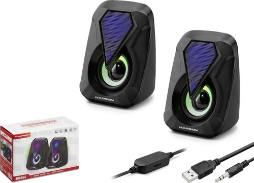 HD6054 Ledli 1+1 Kanal 2x3W Çıkışlı 3.5mm AUX Ses + USB Güç Beslemeli Bilgisayar Hoparlörü - Siyah