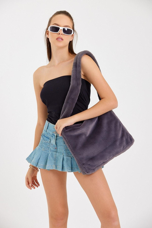 Grey Tote Toscana Tote Çanta / Kadın Peluş Tote Okul Çantası