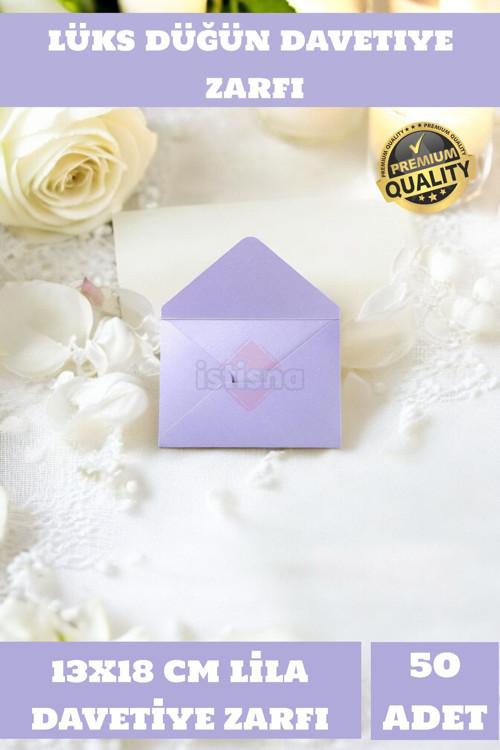 50 Adet 13x18 Cm LİLA Zarf Davetiye Lüks Tebrik Kartı Mektup Mühür Cüzdan Büyük Düğün Zarfı