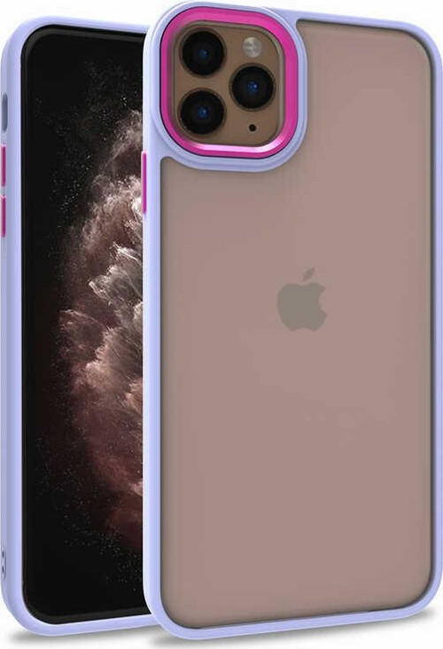 Apple iPhone 11 Pro Max Kapak Metal Kamera Korumalı Arkası Şeffaf Silikon Kılıf - Lila