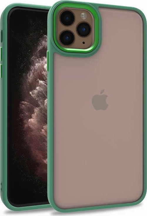 Apple iPhone 11 Pro Max Kapak Metal Kamera Korumalı Arkası Şeffaf Silikon Kılıf - Yeşil