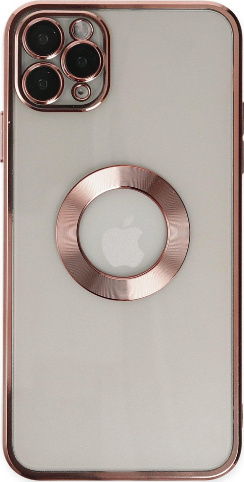 Apple iPhone 11 Pro Max Kapak Renkli Lens Korumalı Logo Gösteren Şeffaf Luxury Kılıf - Rose Gold