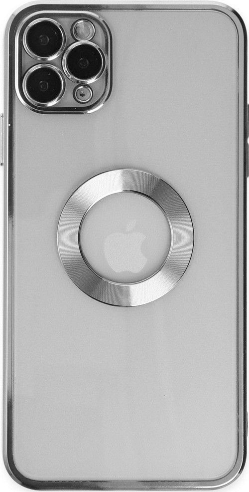 Apple iPhone 11 Pro Max Kapak Yanları Renkli Lens Korumalı Logo Gösteren Şeffaf Luxury Kılıf - Gri