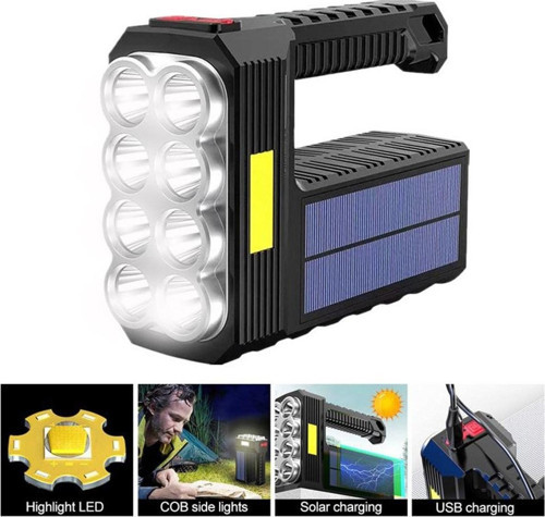 El Feneri Çok Fonksiyonlu 8 Gözlü Şarjlı Solar Usb Güneş Enerjili Şarj Edilebilir Süper Parlak El Fe