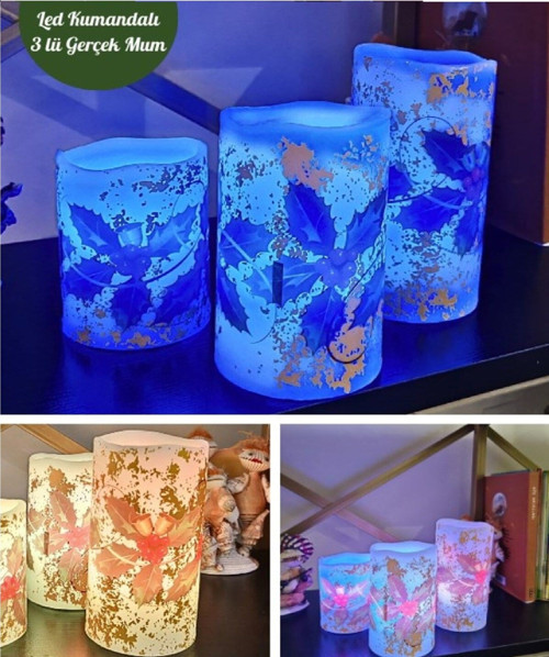 Kumandalı 9 Renk Yanabilme ve Animasyonlu Yılbaşı Noel Temalı 3 lü Set Led Gerçek Mum Büyük Boy Led