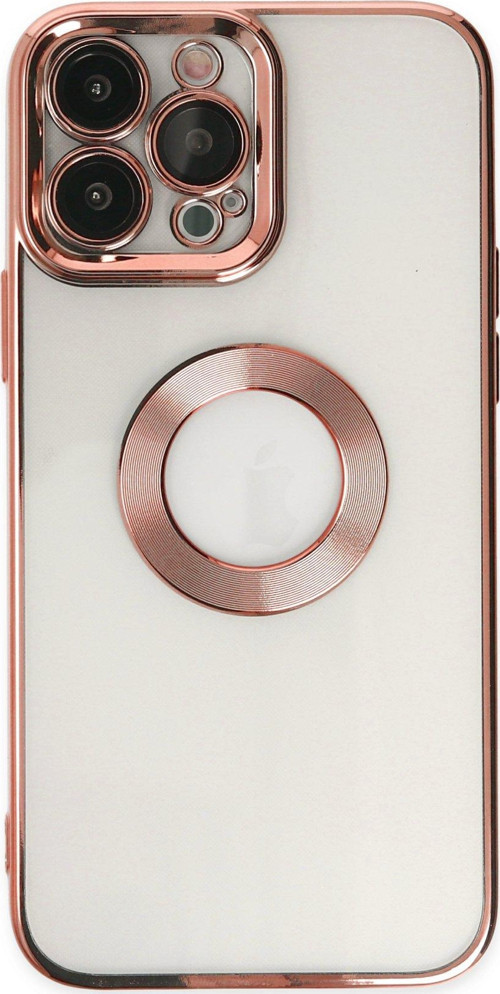 Apple iPhone 12 Pro Max Kapak Renkli Lens Korumalı Logo Gösteren Şeffaf Luxury Kılıf - Rose Gold
